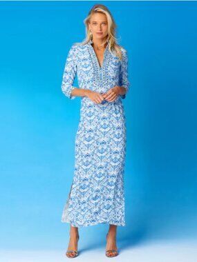 NWOT NicoBlu Shalimar Embellished Sapphire Jewel Maxi Tunic Dress Resort Wedding